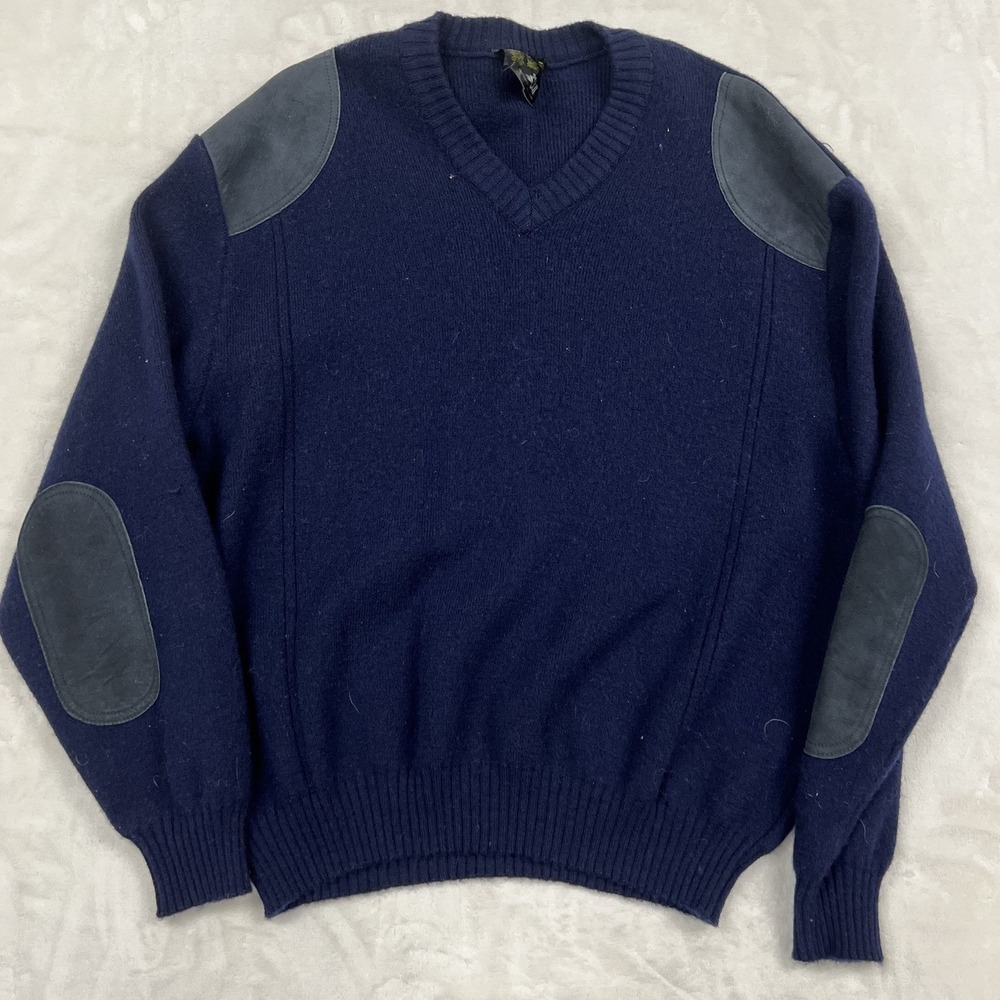 Barbour V-Neck Sweater Mens 44 Navy Blue Wool Patch Elbow Shoulder England